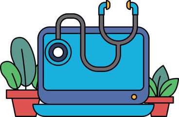 A blue laptop with a stethoscope on top of it
