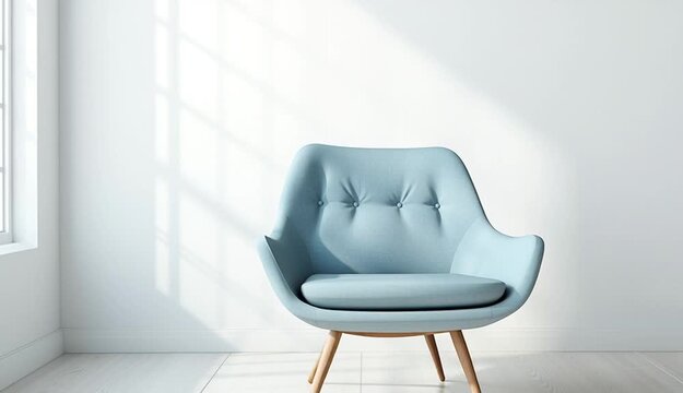 Minimalist interior photography, modern light blue upholstered armchair with natural wooden legs, positioned in empty white room corner near window, light oak or beech wood flooring, clean white wal