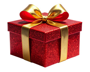 Obraz premium A realistic AI-generated image of a glittery red gift box tied with a shiny golden 