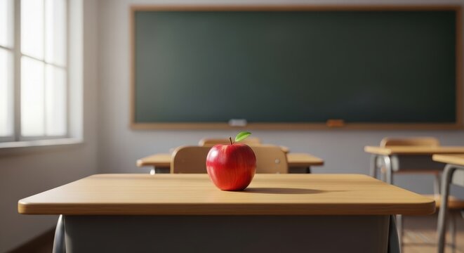 Red apple on a wooden desk in a classroom with a blurred chalkboard background, symbolizing education and learning