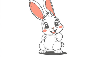 Fototapeta premium Cute white cartoon bunny with large expressive eyes and pink nose against clean white background. Adorable animated rabbit character with innocent expression and big floppy ears.