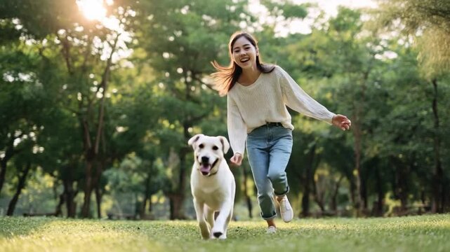 Joyful Playtime in Park: A radiant woman and her canine companion revel in a moment of pure bliss, sprinting across a vibrant park. Capturing the spirit of friendship and shared happiness.