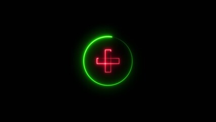 Glowing neon plus icon illustration, on black background. First aid icon background.