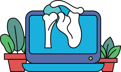 A computer monitor with a skeleton on it and a pair of white socks