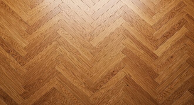 Closeup of a herringbone wood floor pattern, showcasing the natural texture and warm tones of the parquet flooring design