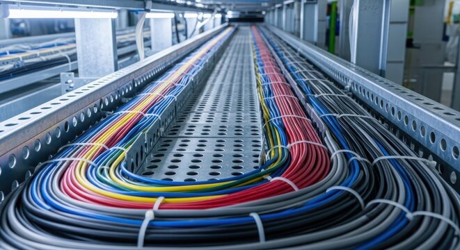 A neatly organized array of colorful electrical cables in a cable tray, showcasing infrastructure and technology in a modern setting
