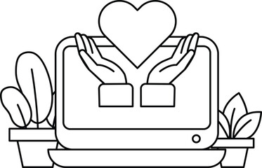 A computer monitor with two hands holding a heart