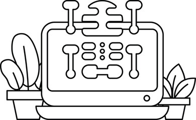 A black and white drawing of a computer monitor with a skeleton on it