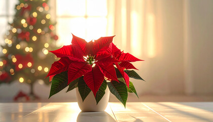 クリスマスツリーのある室内に朝日が差し込み赤いポインセチアが飾られた冬の風景
