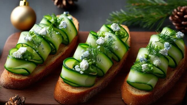 Festive cucumber ribbon and feta canapes on crisp bruschetta, garnished with dill and presented on a rustic wooden board with subtle holiday accents for Christmas gatherings