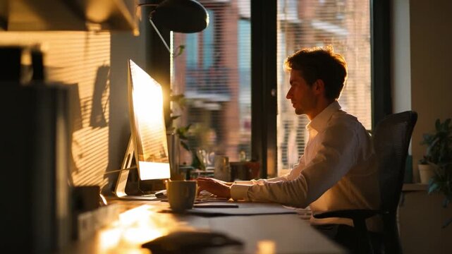 Focus at the Office: A person intensely focused at desk at dusk, bathed in the warm embrace of the setting sun, while working on a computer
