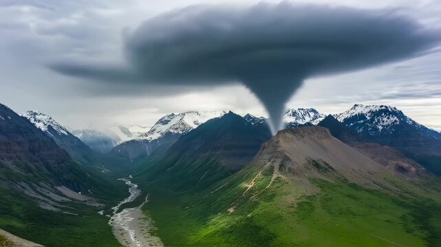 An aerial view showcases a unique weather phenomenon, a dark funnel over mountains