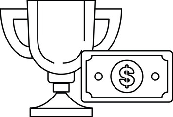 A trophy and a dollar bill are shown in a black and white drawing