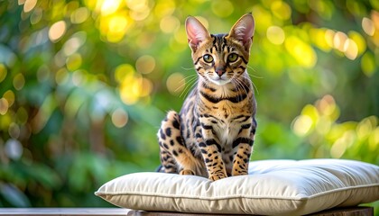 A spotted feline sits on a pillow, gazing intently