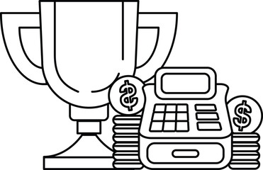 A cup with a bunch of coins on top of it and a calculator next to it