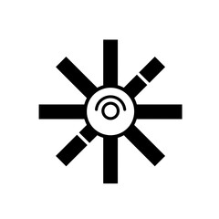 Obraz premium A black and white abstract geometric symbol resembling a stylized starburst or propeller with a central circular element.