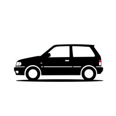 Fototapeta premium A minimalist black silhouette of a two-door hatchback car, viewed from the side, against a white background.