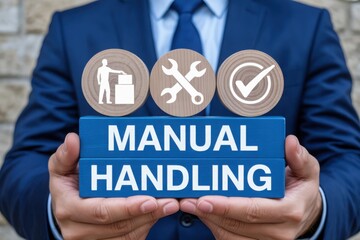 Person holding manual handling safety icons and text
