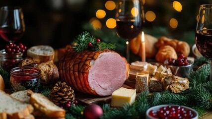 Glazed ham centerpiece on a cozy candlelit Christmas table with cheeses, fresh bread, cranberry sauce and glasses of red wine, warm festive holiday feast ambiance - Powered by Adobe