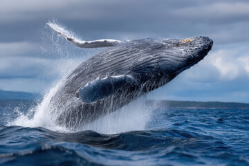 Naklejka premium Humpback whale breaches the surface of the ocean under a cloudy sky