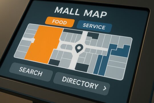 Digital mall directory display showing food and service options with navigation map interface and search feature