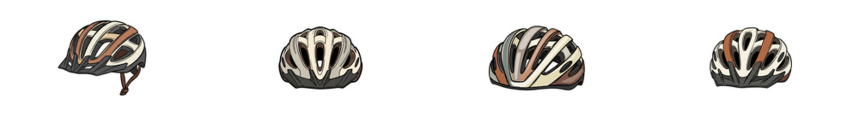 Hand drawn bicycle helmet set isolated on white background