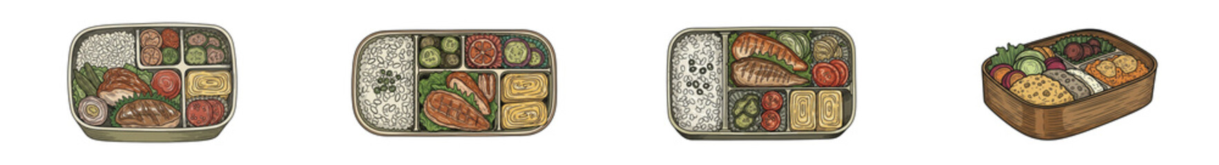 Hand drawn Japanese bento box set isolated on white