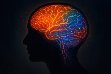 Obraz premium Abstract representation of human brain with colorful neural connections and glow in silhouette style