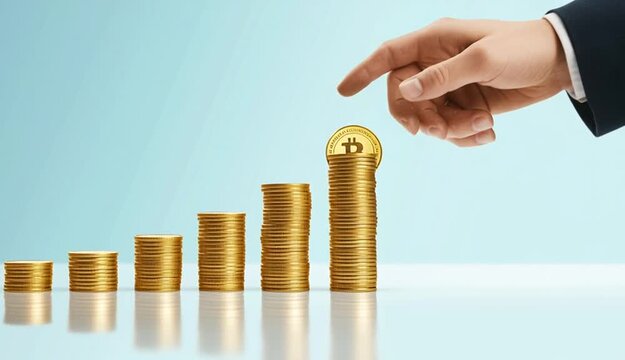 Business concept photography, hand holding golden coin about to place on stack, five stacks of gold coins