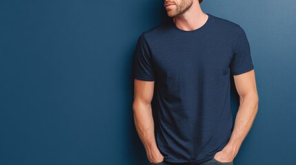 Man in navy blue t shirt