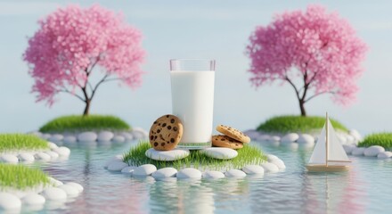 A glass of milk and cookies on a small island with cherry blossoms