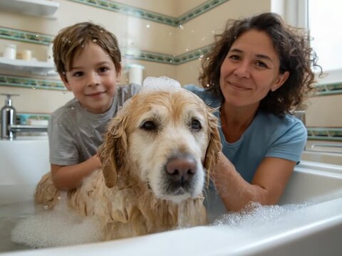 Bathtime Buddies: A tender moment unfolds as a mother and child share a heart-warming bathtime with their beloved dog, showcasing love and creating core memory.