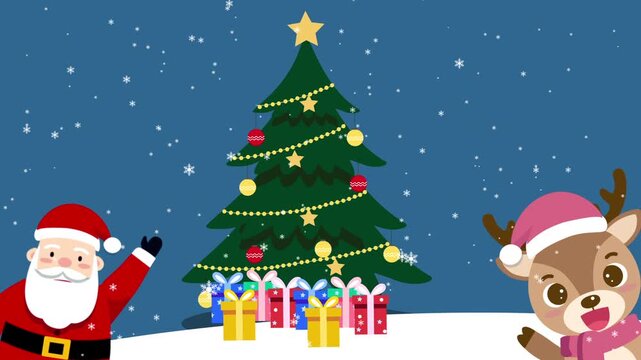 Santa Claus and Reindeer Waving by a Decorated Christmas Tree Animation.