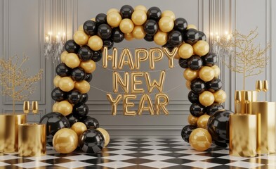Elegant Black and Gold Balloon Arch Celebration
