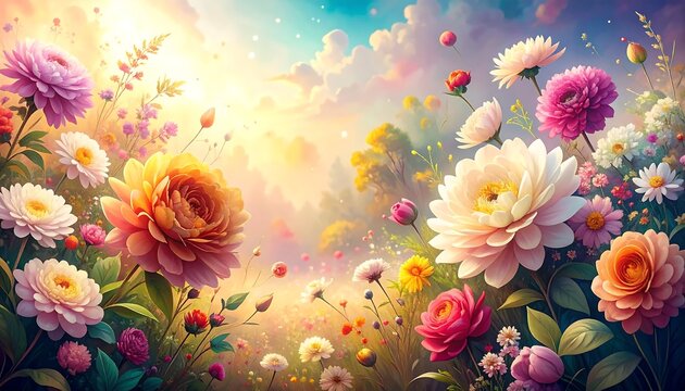 A vibrant, colorful meadow filled with blossoming flowers under a sunny sky