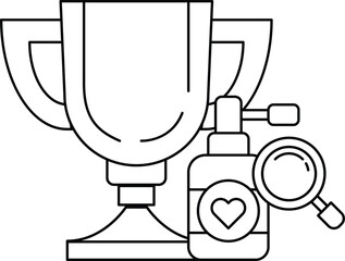 A trophy is shown with a bottle of perfume and a magnifying glass