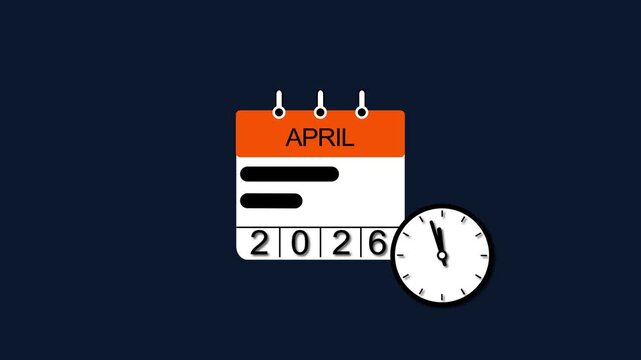 4K calendar April 2026 animation. clock and black background clean and stunning 4k animation.