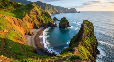 Coastal cliffs and secluded beach on Madeira Island, Portugal.