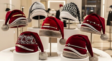 Festive holiday hats with pom-poms displayed in a retail setting