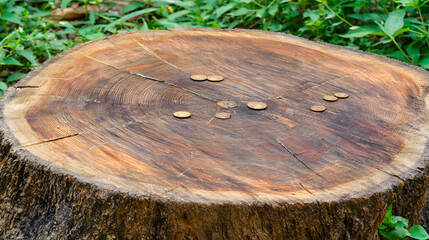 embedded. Ancient tree stump with coins embedded in its detailed wood growth rings in forest. gardening catalogs, home-decor guides, designed for gardening and botanical catalogs, celebrates nature.