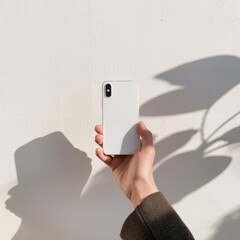 Minimalist Hand Holding White Phone with Shadows