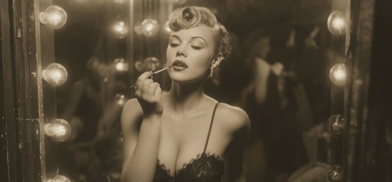 Vintage Cabaret Performer Getting Ready at Vanity Mirror. Sepia-toned portrait of a poised actress applying lipstick in a nostalgic 1950s dressing room. Perfect for retro fashion, vintage glamour.