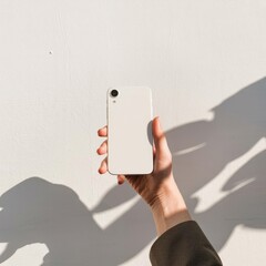 Minimalist Hand Holding White Phone with Shadows