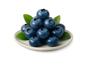 Fresh blueberries with green leaves on white plate, antioxidant superfood, healthy eating and organic fruit concept, transparent background