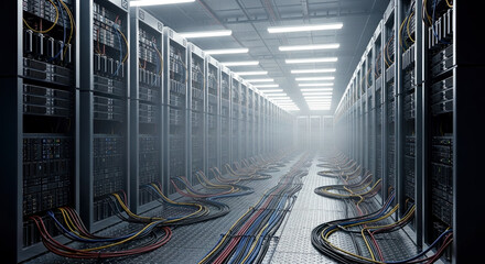 Cryptocurrency mining data center server room with cable infrastructure