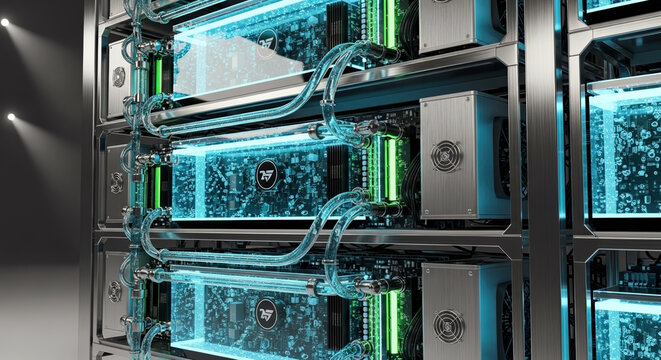 Cryptocurrency mining rig with custom liquid cooling system and RGB lighting