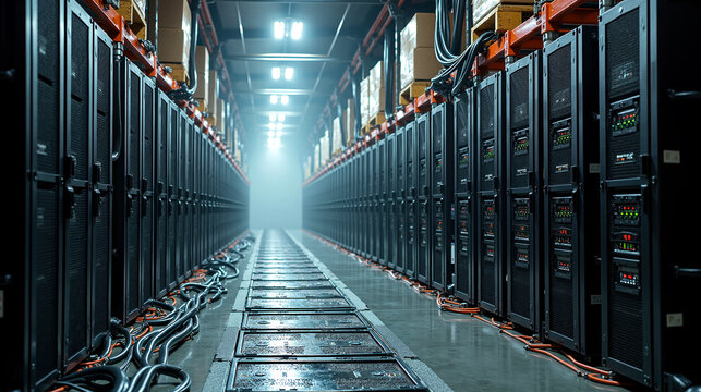 Cryptocurrency mining data center with server racks and cable infrastructure