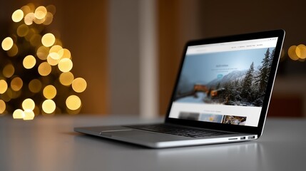Open laptop on desk with holiday bokeh lights, winter home office scene, copy space
