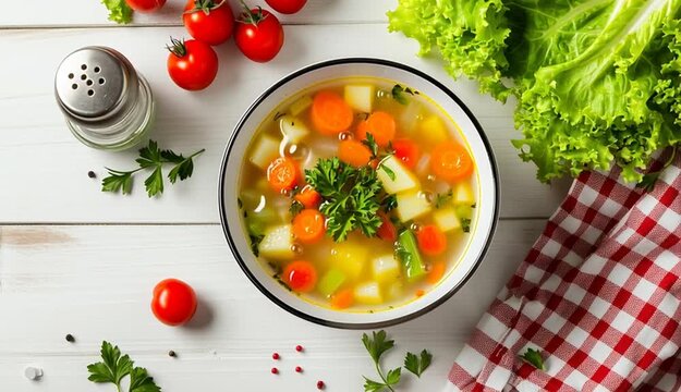 Homemade vegetable soup with carrots, potatoes, onions and celery in white enamel bowl with black rim, garnished with fresh green herbs, served on white wooden table, fresh lettuce leaves, cherry to
