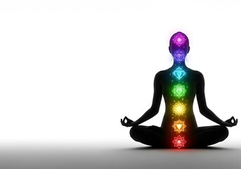 Silhouette of meditating figure with chakra symbols glowing  